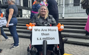 Access Matters lead campaigner Juliana Carvalho / all the people who marched to Parliament to deliver a petition calling for redrafting in co-design the Accessibility Bill.