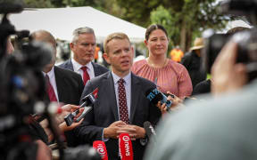 Prime Minister Chris Hipkins talking to the media at Waitangi in 2023.