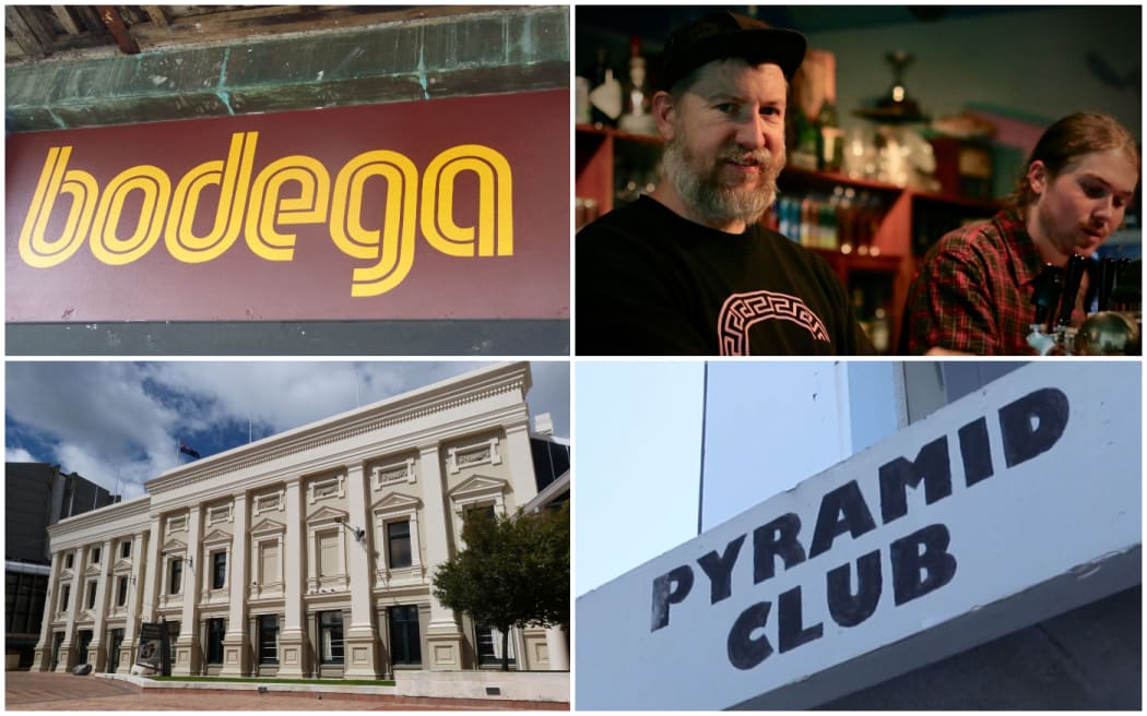 Clockwise from top left: the now closed Bodega, Damian Jones (owner of Caroline and Meow), experimental venue Pyramid Club, Wellington Town Hall - currently closed for earthquake strengthening