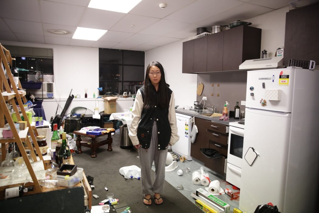 A Wellington apartment with a broken fish tank, smashed kitchen goods and a fridge that moved about a foot from the wall.
