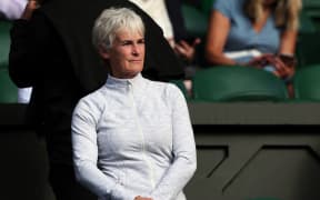 Britain's Andy Murray's mother, Scottish tennis coach Judy Murray, attends her son's men's singles tennis match against Australia's James Duckworth on the first day of the 2022 Wimbledon Championships at The All England Tennis Club in Wimbledon, southwest London, on June 27, 2022. (Photo by Adrian DENNIS / AFP) / RESTRICTED TO EDITORIAL USE