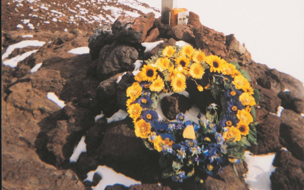 The wreath placed at the Erebus memorial cross for the 20th anniversary commemoration.