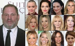 US producer Harvey Weinstein and first row from left: actress Rose McGowan, Angelina Jolie, Asia Argento, Gwyneth Paltrow, Ashley Judd, Lea Seydoux, Mira Sorvino, Rosanna Arquette, Louisette Geiss, Kate Beckinsale, Lauren Sivan, Jessica Barth, Elizabeth Karlsen, Emma De Caunes, Judith Godreche.