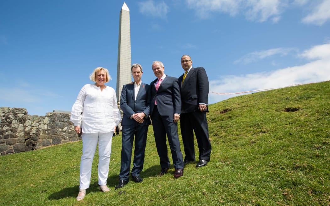 Announcing the new plan for One Tree Hill were (from left) Councillor Christine Fletcher, Council asset development manager Mace Ward, mayor Len Brown and Tupuna Maunga o Tamaki Makaurau Authority chairman Paul Majurey