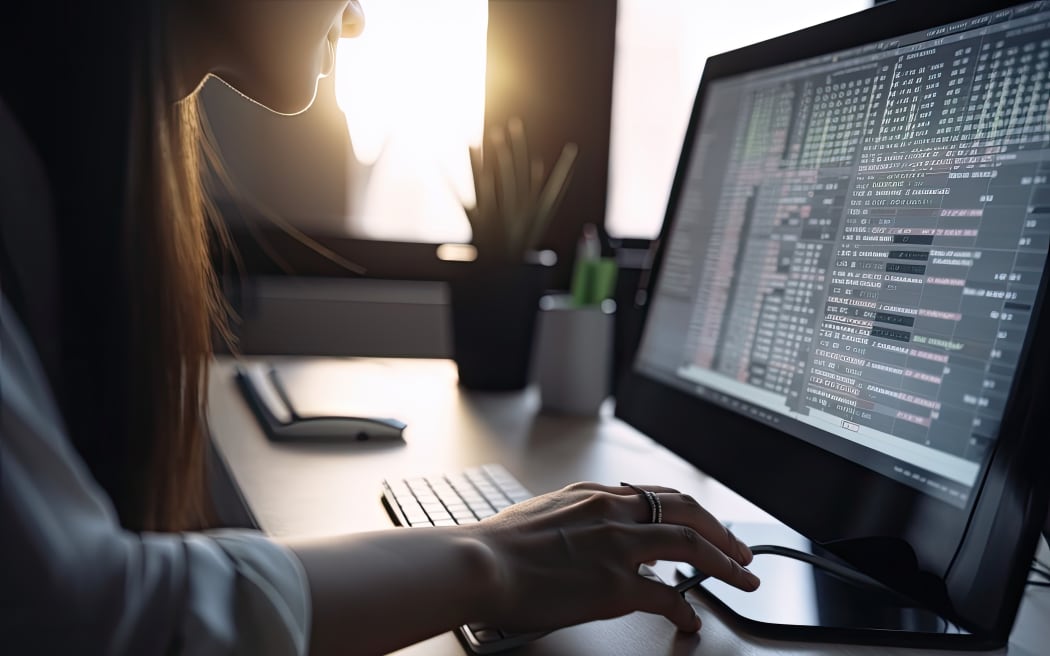 Female programmer working on computer in office, closeup of hands. A woman rear view closeup in her office desk using computer, AI Generated