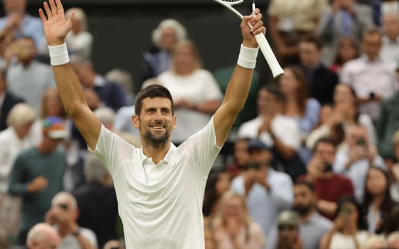 Novak Djokovic of Serbia celebrates after winning the Gentlemen’s Singles Semi-finals match against Jannik Sinner of Italy in the Championships, Wimbledon at All England Lawn Tennis and Croquet Club in London, the United Kingdom on July 14, 2023. ( The Yomiuri Shimbun ) (Photo by Tetsu Joko / Yomiuri / The Yomiuri Shimbun via AFP)