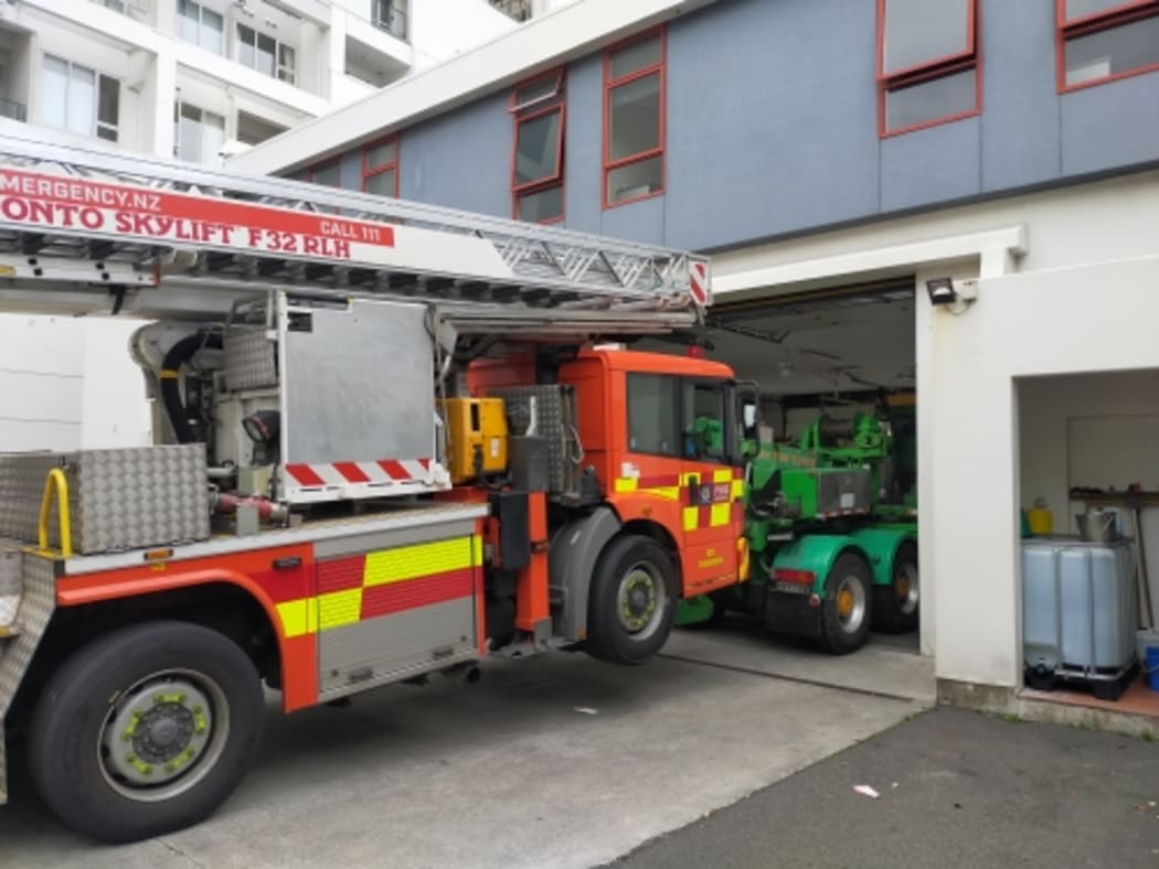 The Type 5 aerial truck known as Thorndon 235, is towed from the station on Monday after breaking down.