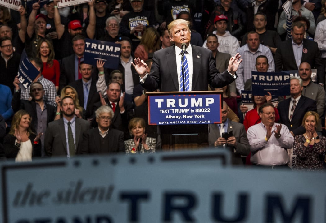 Republican presidential candidate Donald Trump at a campaign rally on 11 April 2016 in Albany, New York.