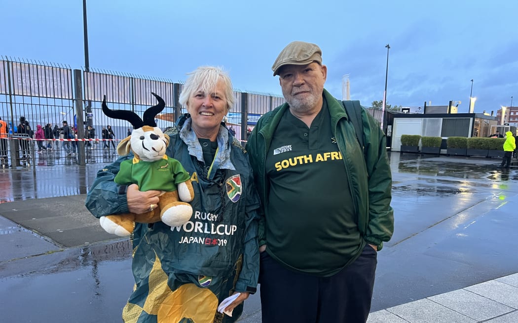 Fans turn out on a wet French evening for the Rugby World Cup semi-final between England and South Africa.