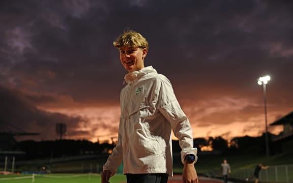 AUCKLAND, NEW ZEALAND - MARCH 19: New Zealand middle distance runner Sam Ruthe warms up before running in the mile distance at Mt Smart Stadium on March 19, 2025 in Auckland, New Zealand. Ruthe broke the four minute mile barrier with a time of 3:58.35 placing him as the youngest person in history and first under 15 years old to break the record. (Photo by Phil Walter/Getty Images)