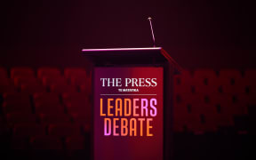 A microphone is seen prior to The Press Leaders Debate at Christchurch Town Hall.