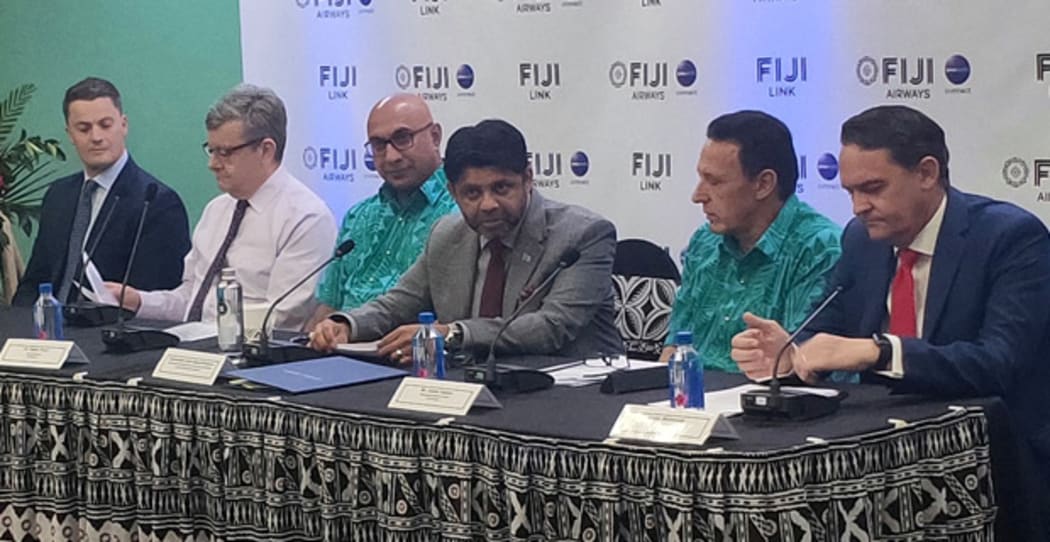 Fiji Airways managing director and CEO Andre Viljoen, second from right, with Minister for Aviation Aiyaz Saiyed Khaiyum, next to him, and other board members during last year's announcement of the airline's financial report for 2018.