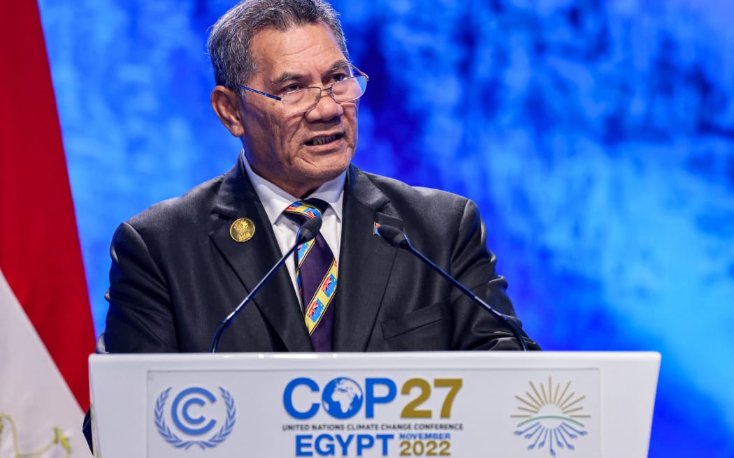 Tuvalu's Prime Minister Kausea Natano delivers a speech at the leaders summit of the COP27 climate conference in Sharm el-Sheikh, Egypt