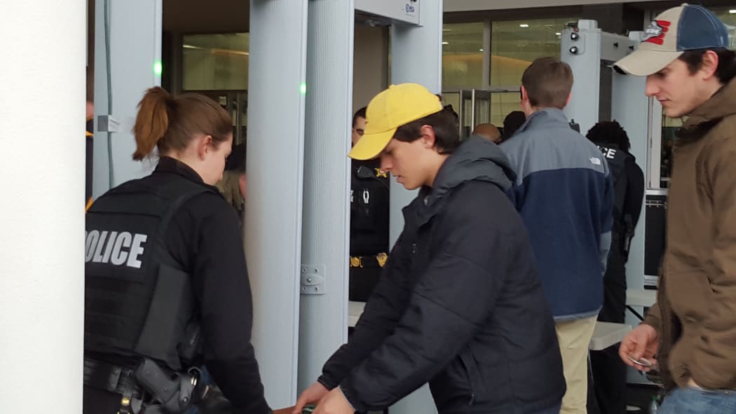 Security check-in at the Trump rally at Plymouth State University, New Hampshire.