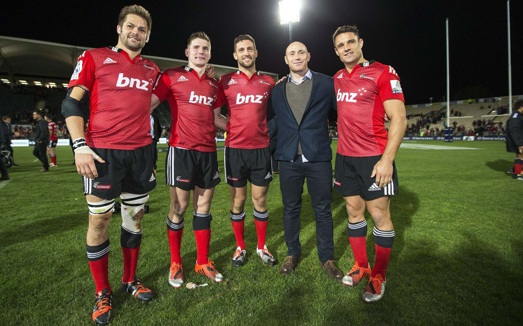 Departing Crusaders (from L) Richie McCaw, Colin Slade, Tom Taylor, Willie Heinz and Dan Carter
