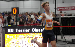 Sam Ruthe celebrates after winning the mile at the John Thomas Terrier Classic indoors meet at Boston University, 31 January, 2026 (US time).