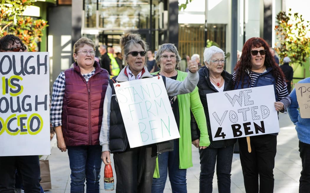 Ben Bell supporters outside of the Gore district council building on 16 May, 2023.