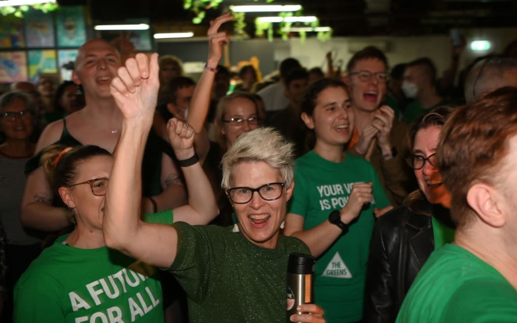 Greens' Queensland Senate candidate Penny Allman-Payne celebrates the election results on 21 May 2022 in Brisbane.