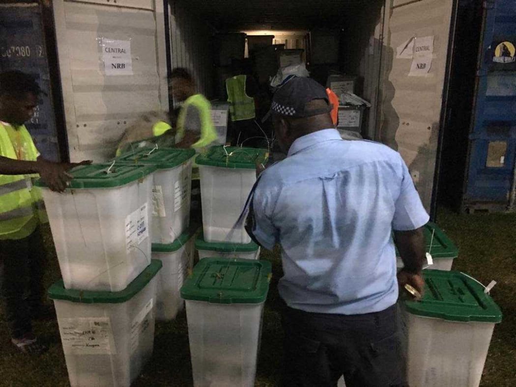 Ballot boxes being brought to Buka for the count.