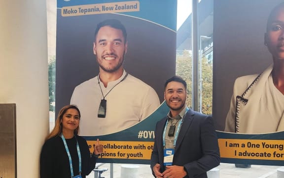 Far North Mayor Moko Tepania at the One Young World summit with a poster of … Far North Mayor Moko Tepania. Photo: Moko Tepania