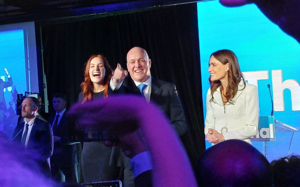 National leader Christopher Luxon celebrates after the 2023 election results were revealed.