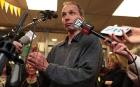 Nicky Hager speaking to reporters at his book launch on Wednesday.