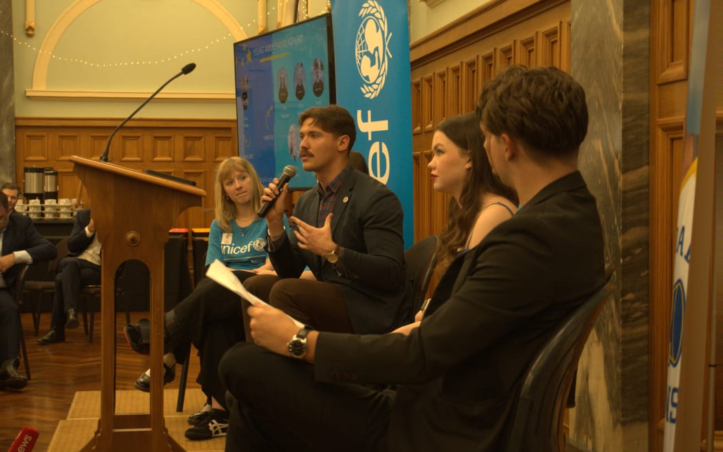UNICEF Aotearoa young ambassador Olivia Berra (left), I.Lead mentor and National Disabled Students Association co-president Sean Prenter, Mental Health Matters Initiative Trust executive director Amy Skipper, and UNICEF Aotearoa young ambassador Luca Zampese at the Parliamentary Forum for Children's Rights.