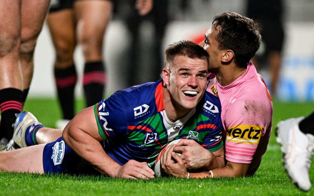 Jackson Ford of the Warriors celebrates his try, NZ Warriors v Penrith Panthers.