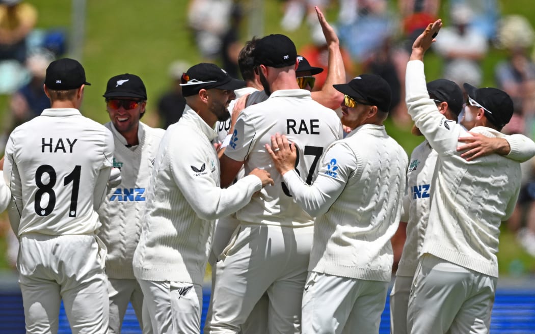 New Zealand players celebrate a successful LBW review against West Indies Justin Greaves, New Zealand Blackcaps v West Indies, 2nd Test, Basin Reserve, Wellington. Friday 12 December, 2025
© Mandatory credit: Kerry Marshall / www.photosport.nz