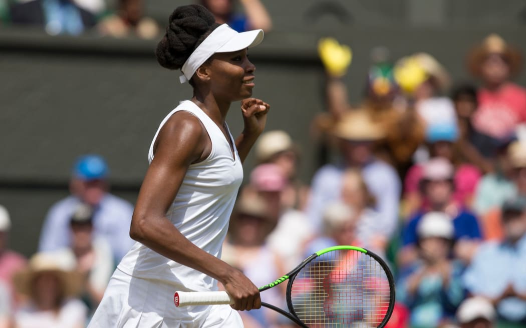 Venus Williams celebrates a win at Wimbledon.