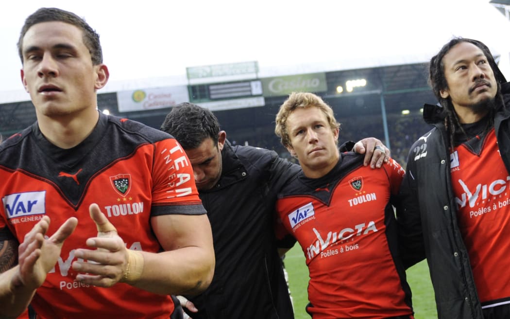 Toulon's Sonny Bill Williams, Jonny Wilkinson, Tana Umaga during Top 14 Semi-Final rugby match between Clermont and Toulon, 2010.
