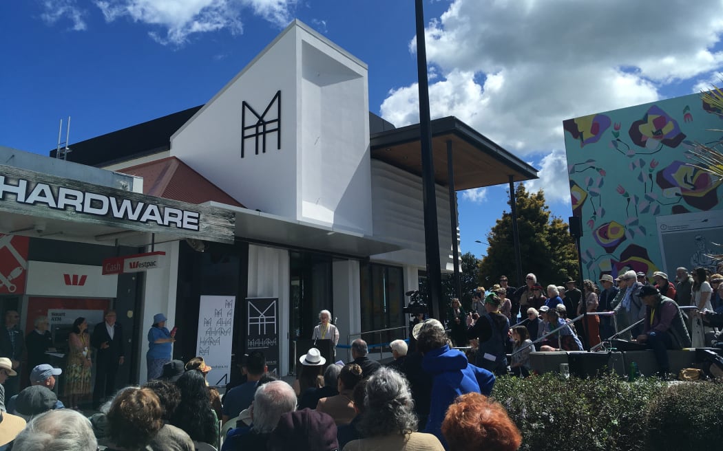 Director Janet Bayly speaks at the opening of Toi Mahara gallery in Waikanae October 2023