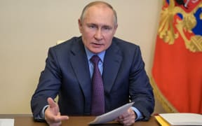 6518267 15.04.2021 Russian President Vladimir Putin attends a video conference joint meeting of the State Council Presidium and the Agency for Strategic Initiatives, at Novo-Ogaryovo state residence, outside Moscow, Russia.