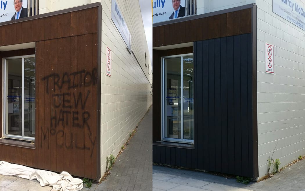 Foreign Minister Murray McCully's East Coast Bays electorate office has been vandalised with words saying "Traitor Jew Hater McCully".