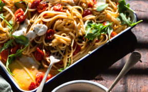 Roasted cherry tomato, caper and mozzarella linguine