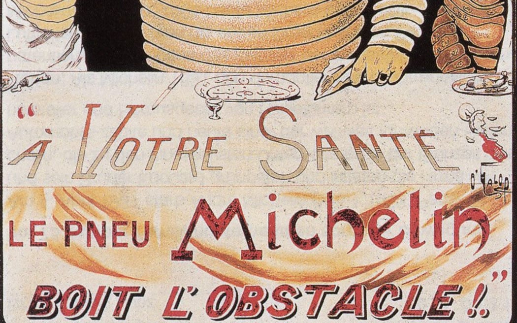 1898 Michelin Poster showing well-heeled Michelin man with pince nez and champagne