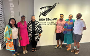 Samson Lee (standing third from left) spoke with Pacific Waves host Susana Suisuiki about the week-long fashion exchange supported by NZ's Ministry of Foreign Affairs and Trade. L - R: Fololeni Curr of MFAT, Heather Vakaosooso, Samson Lee, Ledua Daurewa, Felicity Bollen of MFAT and Aisea Solomone.
