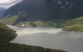 The lake formed by the landslide.