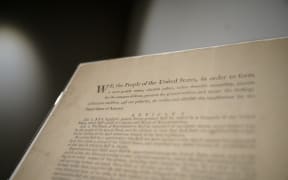 A page of the first printing of the United States Constitution on display at Sotheby's auction house in New York.