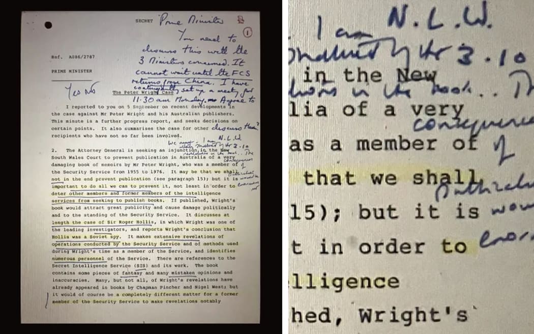 The handwritten note by Margaret Thatcher annotating a briefing document about Peter Wright's memoir.