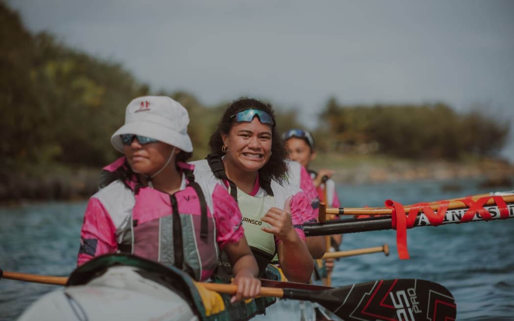 Alanna and her Manukau Outrigger Canoe Club team finished first in the J16s race.