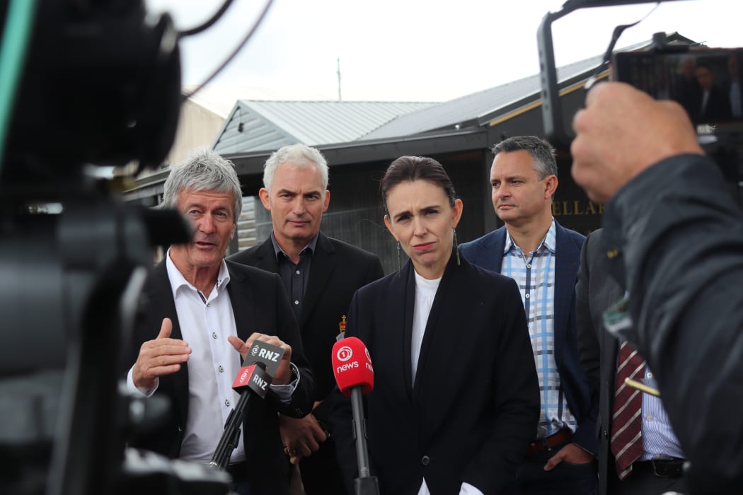 Ministers Stuart Nash (at back), Damien O’Connor, Prime Minister Jacinda Ardern met with agriculture industry leaders in Hawke's Bay.