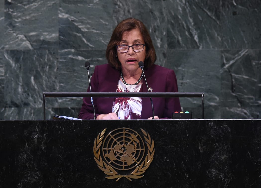 Marshall Islands' President Hilda Heine speaks at the General Assembly at the United Nations in New York.