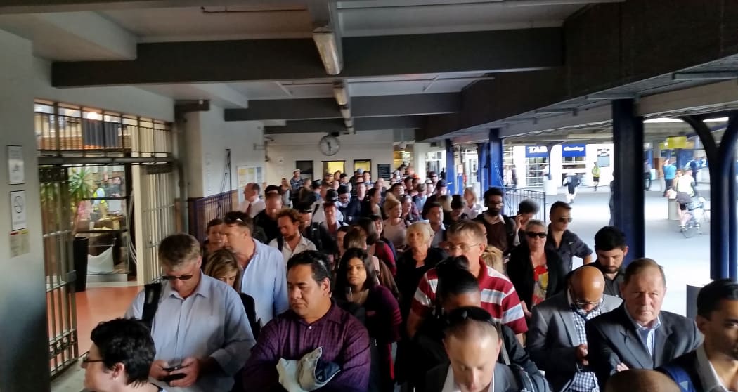 Queue at Wellington Station as commuters line up to catch replacement buses. 25 Feb 2015