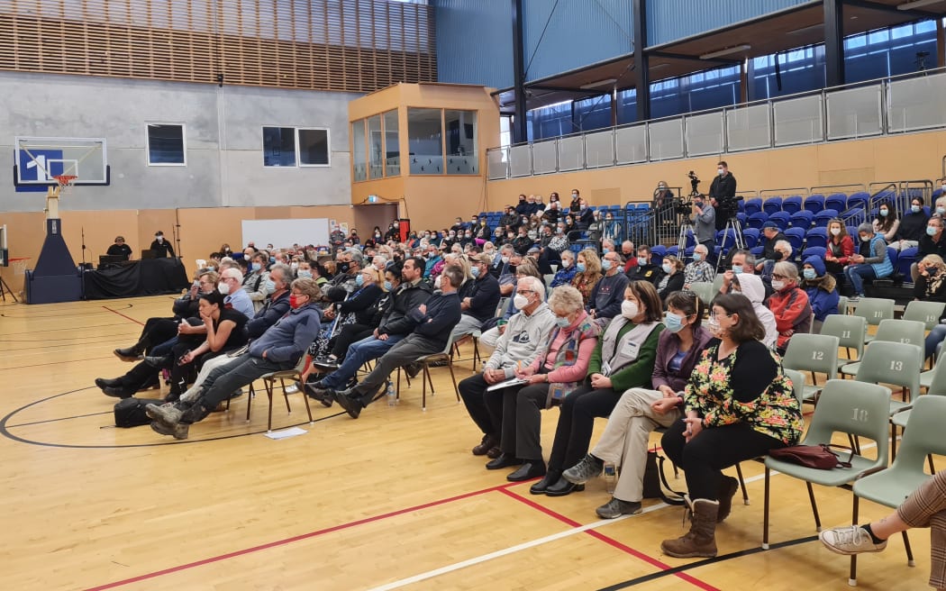 People affected by floods in Nelson at a meeting in the city on Sunday 21 August 2022.