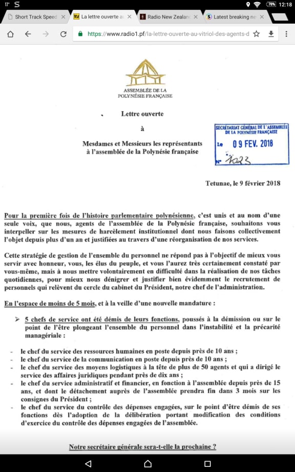 Open letter from staff at French Polynesia assembly