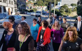 People marching for pay equity for women in Wellington this morning.
