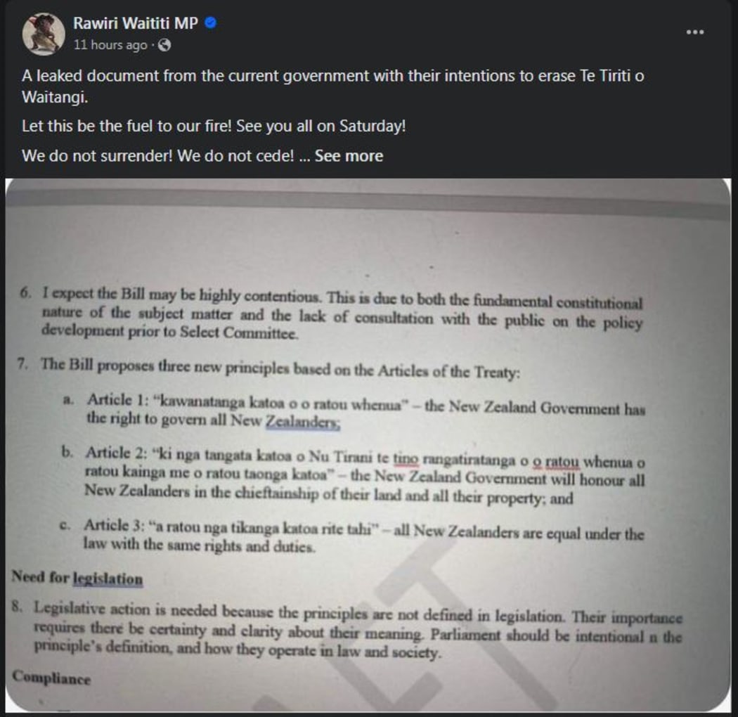 A screenshot showing Rawiri Waititi's social media post of the leaked Treaty Principles bill memo.