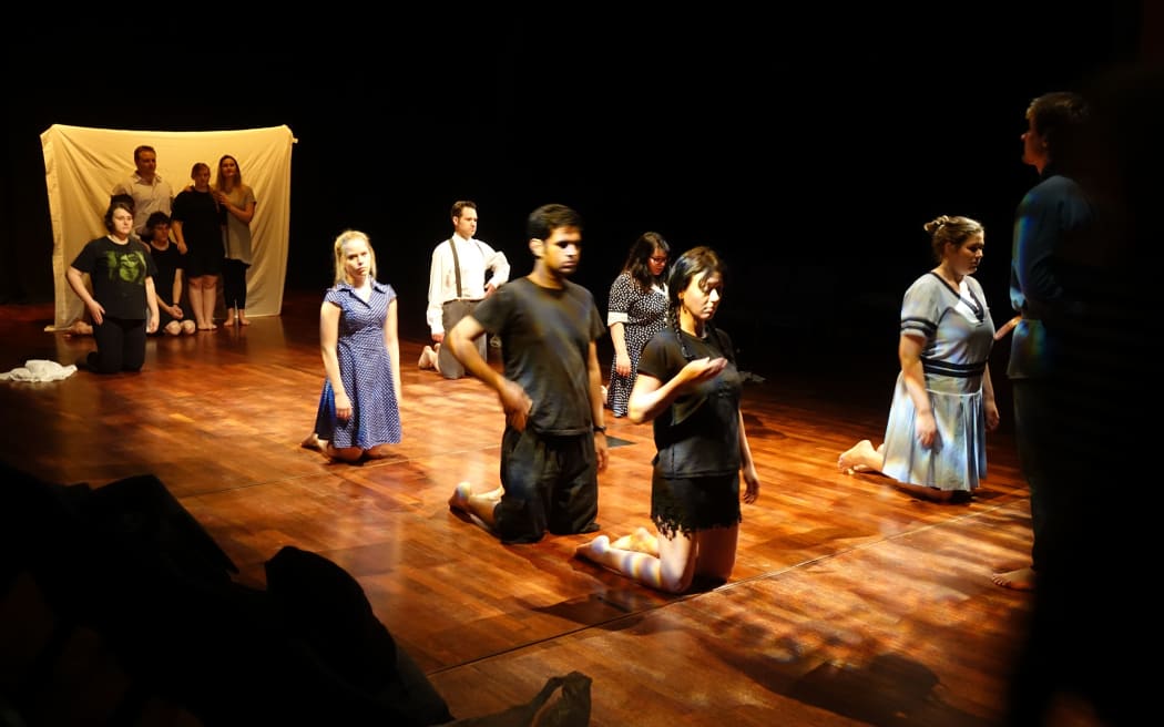 A scene from the rehearsal for the play.