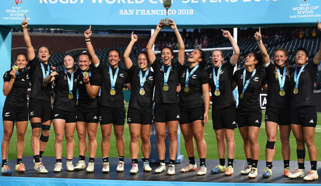 The Black Ferns Sevens celebrate their 2018 World Cup triumph.